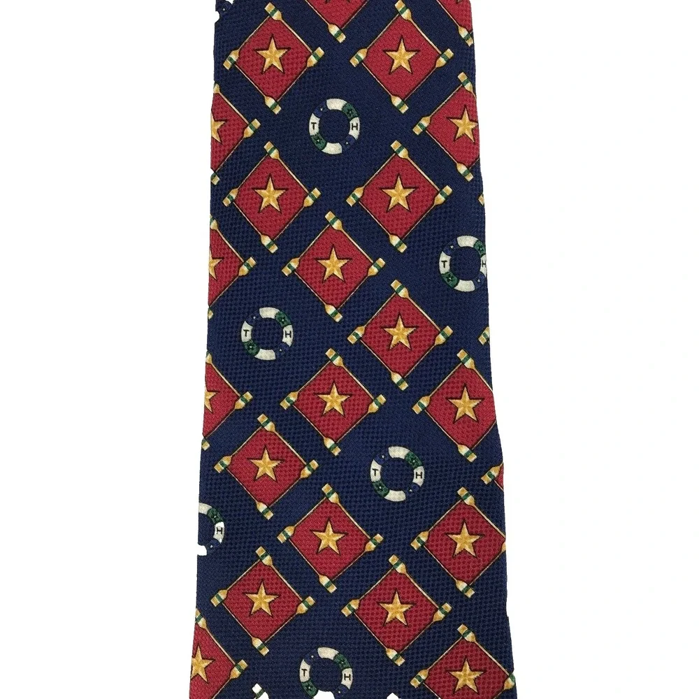Vtg Tommy Hilfiger Mens Silk Tie Stars Nautical Life‎ Preservers Red Gold Navy